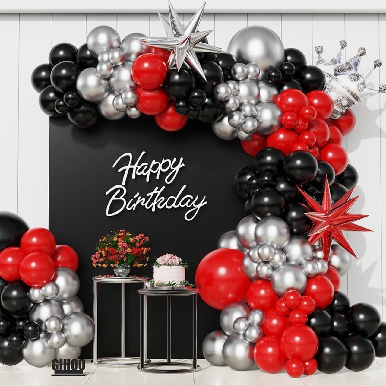 Red and Black Silver Balloon Arch Garland kit 150Pcs Red and Black Latex Chrome Silver and Crown Star Mylar Balloons for Birthday Graduation Party Decorations (Red Black Silver)
